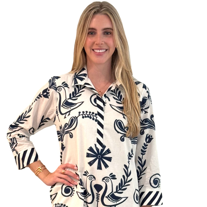 The Lisette Cotton Dress in White and Navy Bird Print — view 4