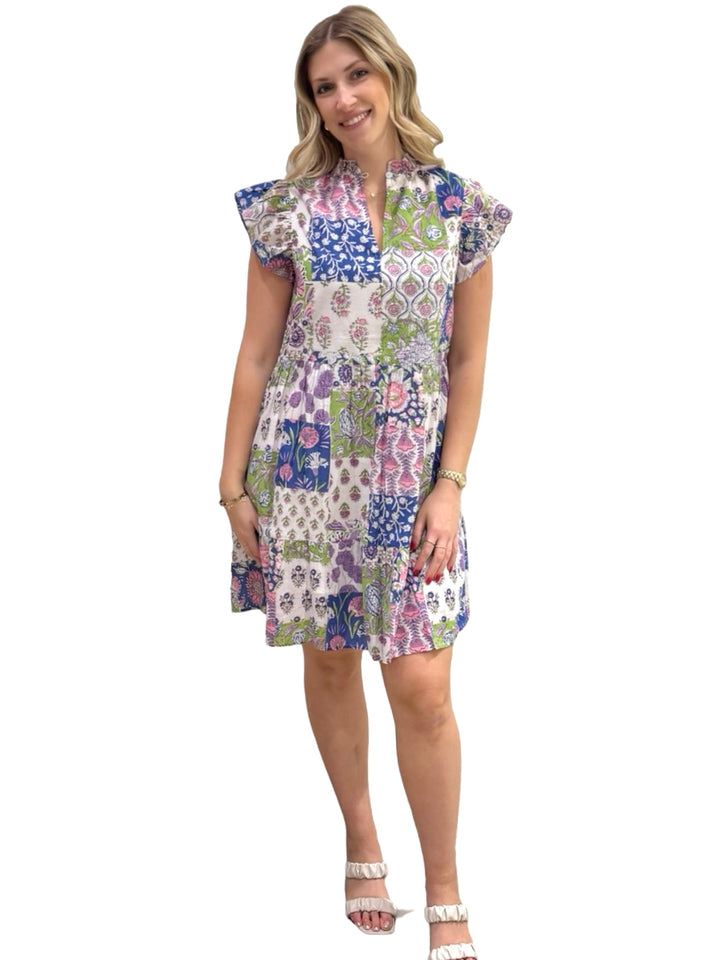 The Tinley Flutter Sleeve Dress in Vibrant Patchwork Cotton — view 3