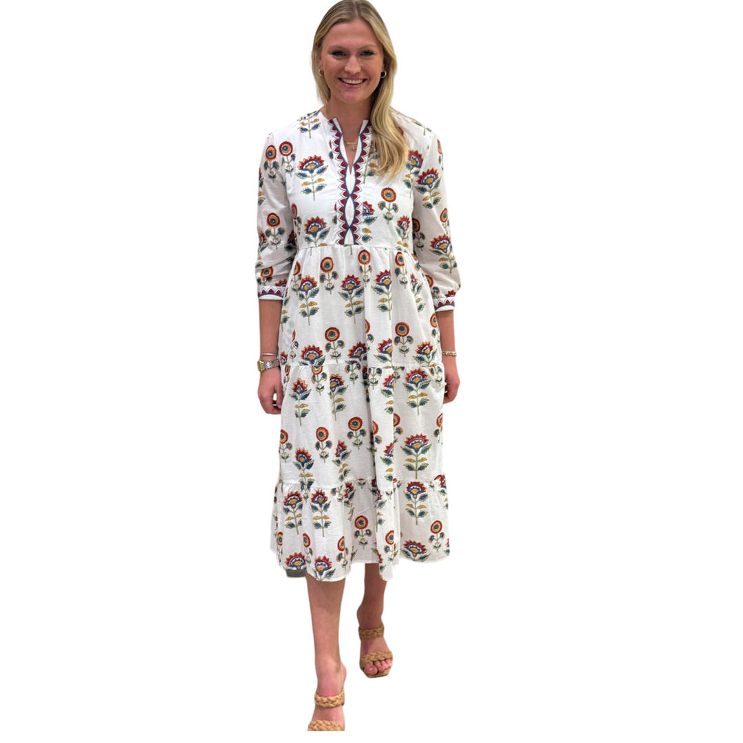 The Daniella Embroidered Trim Dress in Hand Blocked White Floral