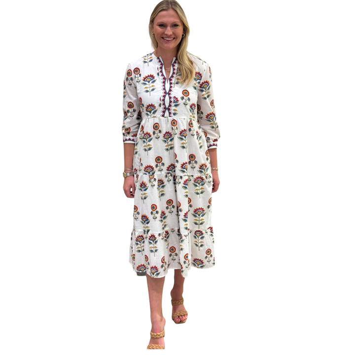 The Daniella Embroidered Trim Dress in Hand Blocked White Floral