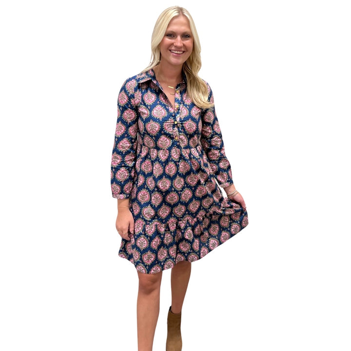 The Kalie Floral Block Print Dress in Blue and Pink — view 4