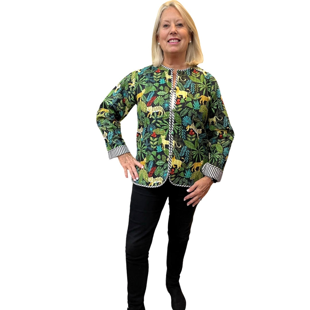 The Madeline Quilted Reversible Jacket in Black Multi Jungle Print — view 4