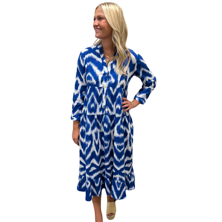 The Southport Long Length Dress in Royal Blue Ikat — view 3