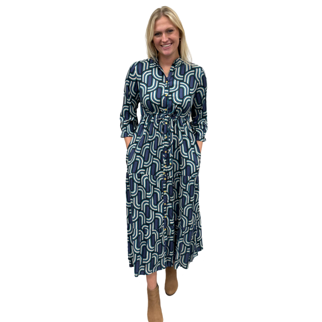 The Hamilton Tie Front Long Dress in Blue Green Geometric — view 2