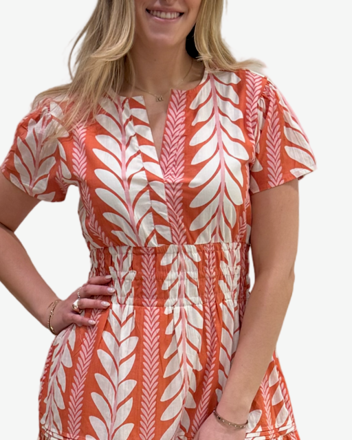 The Sydney Short Sleeve Cinch Waist Dress in Coral Fern Stripe — view 4