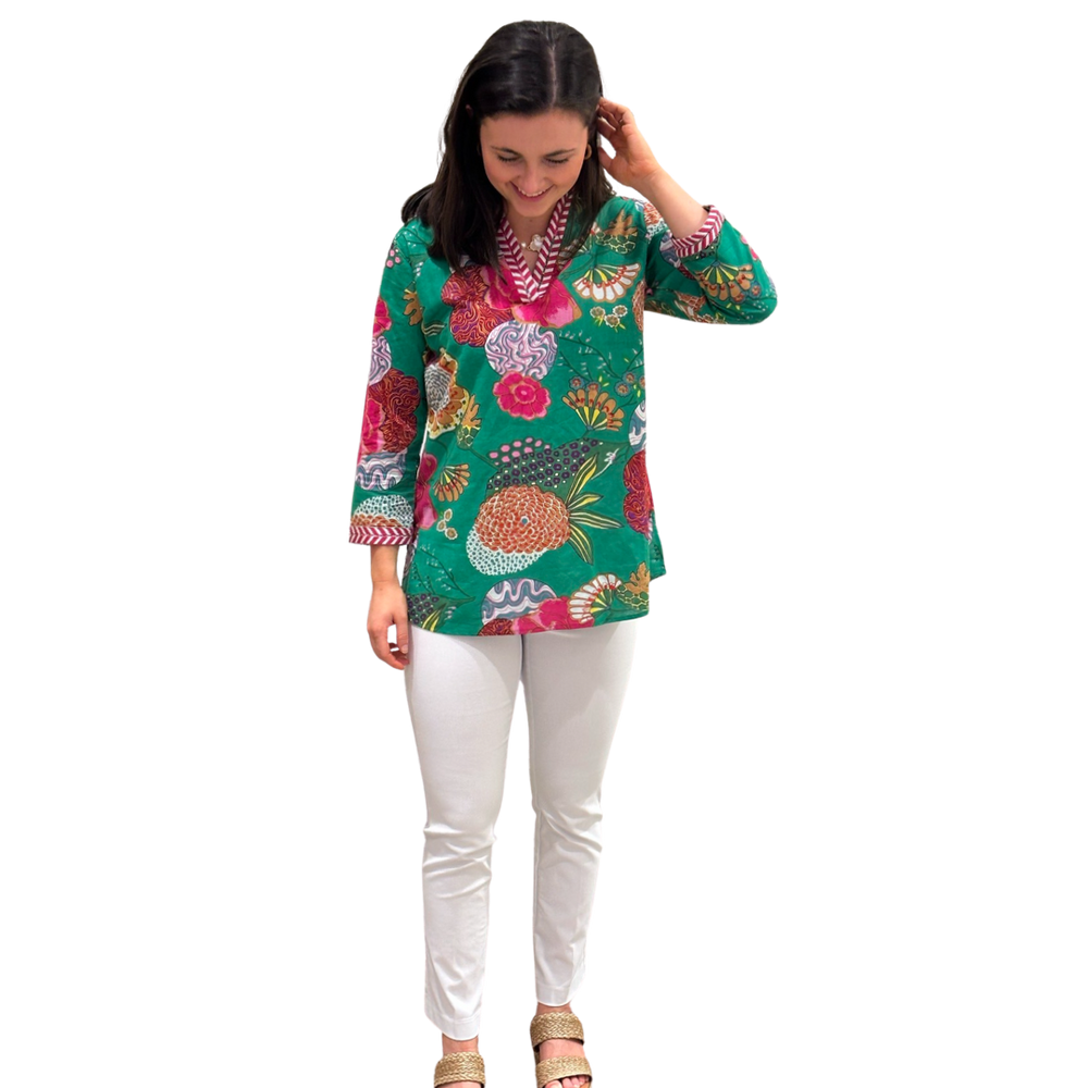 The Brie Floral Printed Cotton Tunic in Jade — view 2