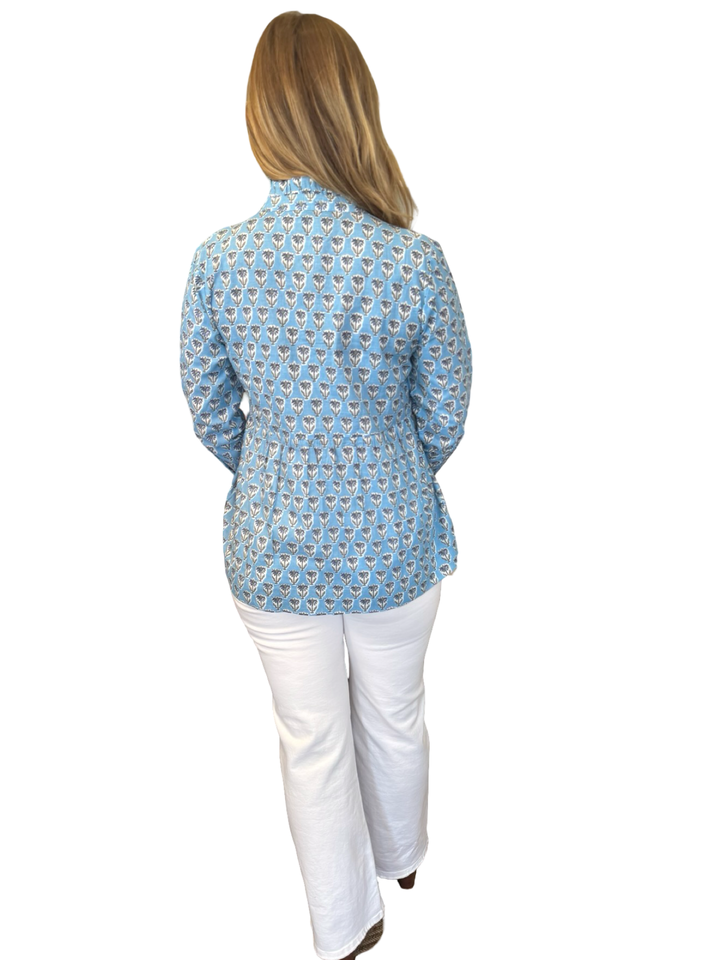 The Veronica Smocked Front Top in Light Blue Hand Block Printed Floral
