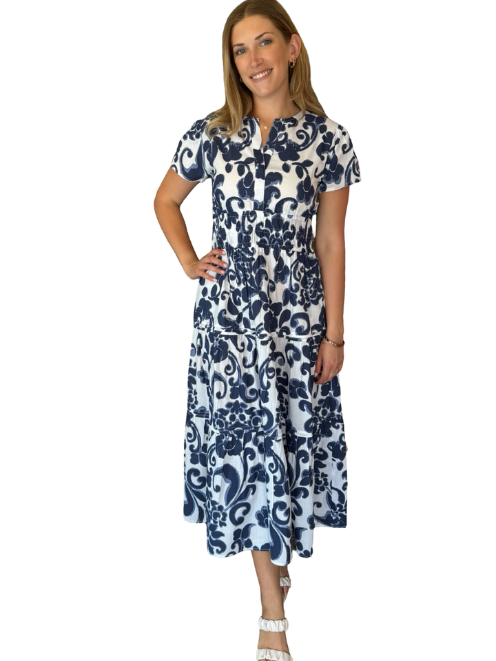 The Sydney Cinch Waist Dress in Blue Floral — view 4