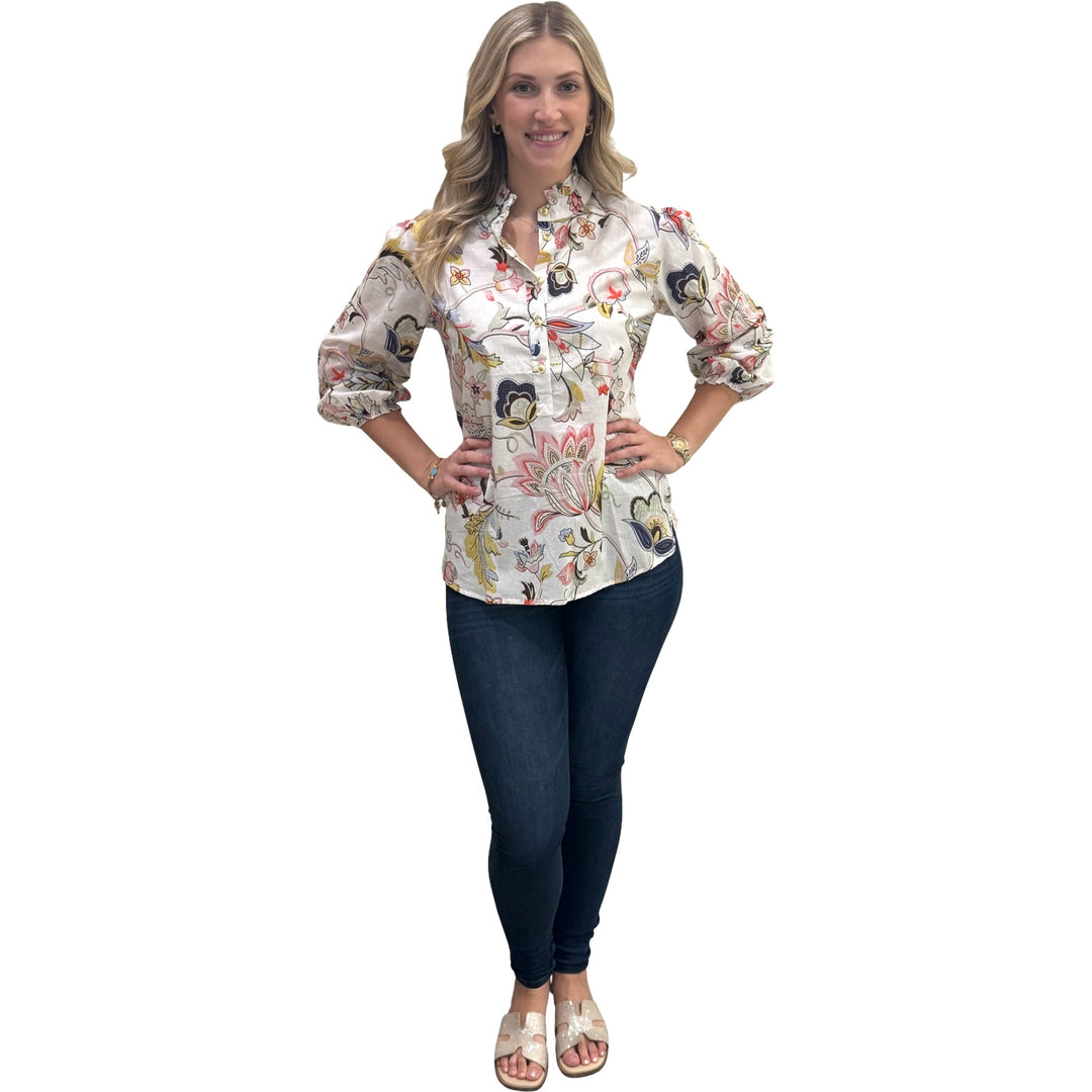 The Tricia Hand Block Printed Top in Ivory Floral — view 4