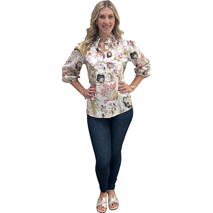 The Tricia Hand Block Printed Top in Ivory Floral — view 4