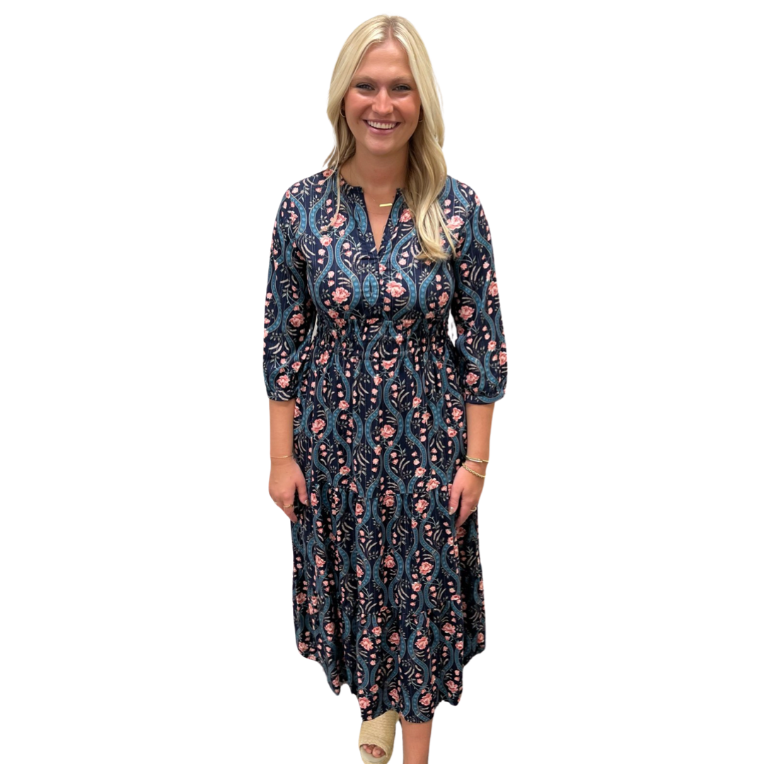The Sydney Long Length Cinched Waist Dress in Navy Lurex Floral — view 3