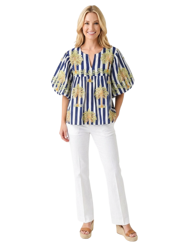 The Poppy Striped Palm Print Top in Navy and White