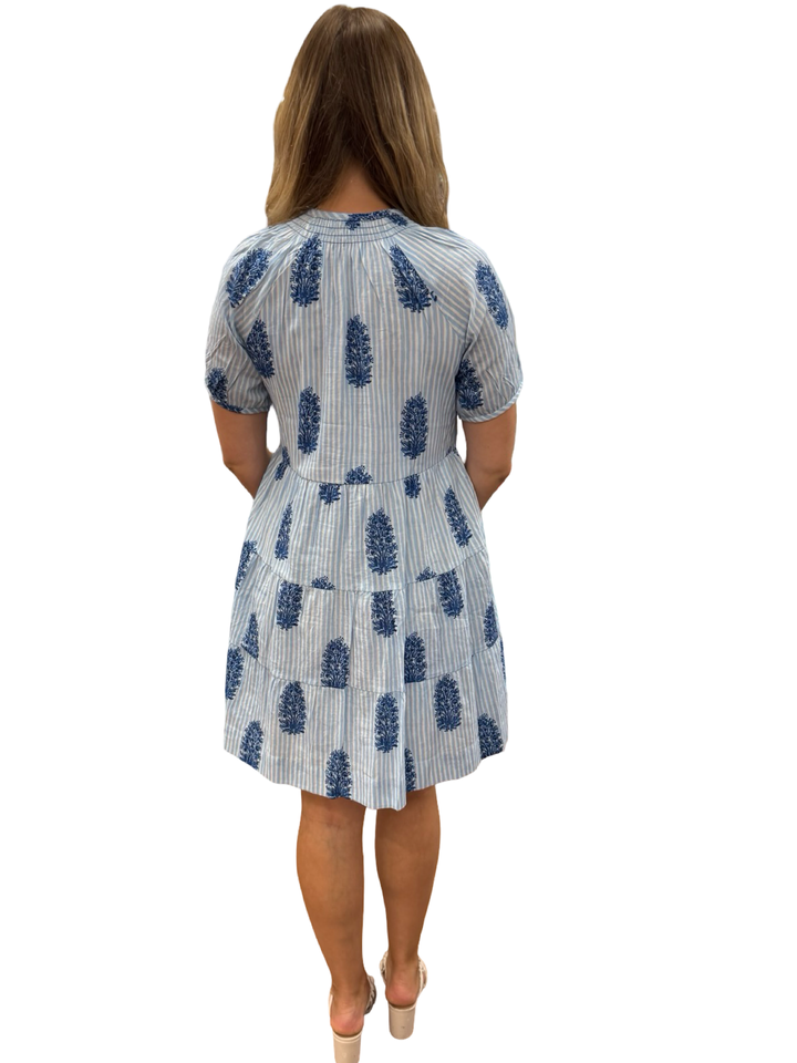 The Dahlia Smocked Neck Dress in Blue Striped Block Printed Cotton