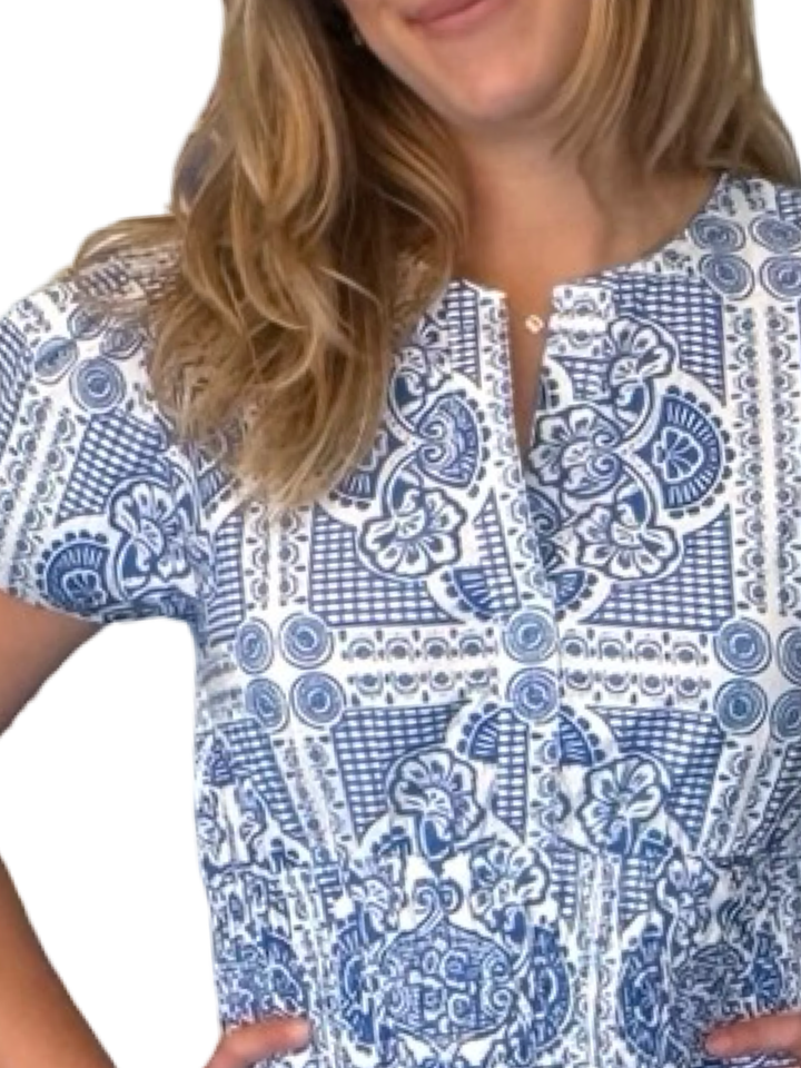 The Sydney Short Sleeve Cinch Waist Dress in Blue Geometrical Printed Cotton — view 2