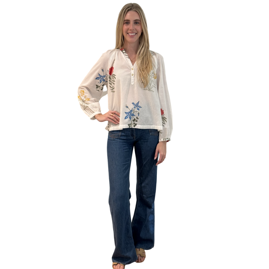 The Chandler White Hand Blocked Floral Cotton Blouse