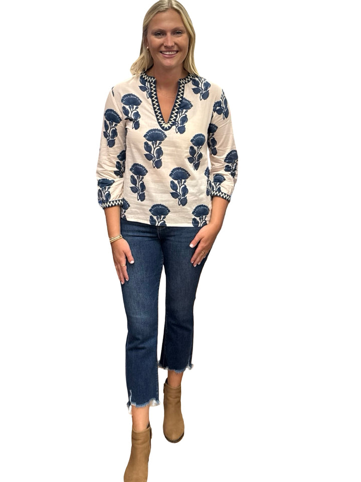 The Kelsea Embroidered Trim Top in Navy White Lotus Floral Print