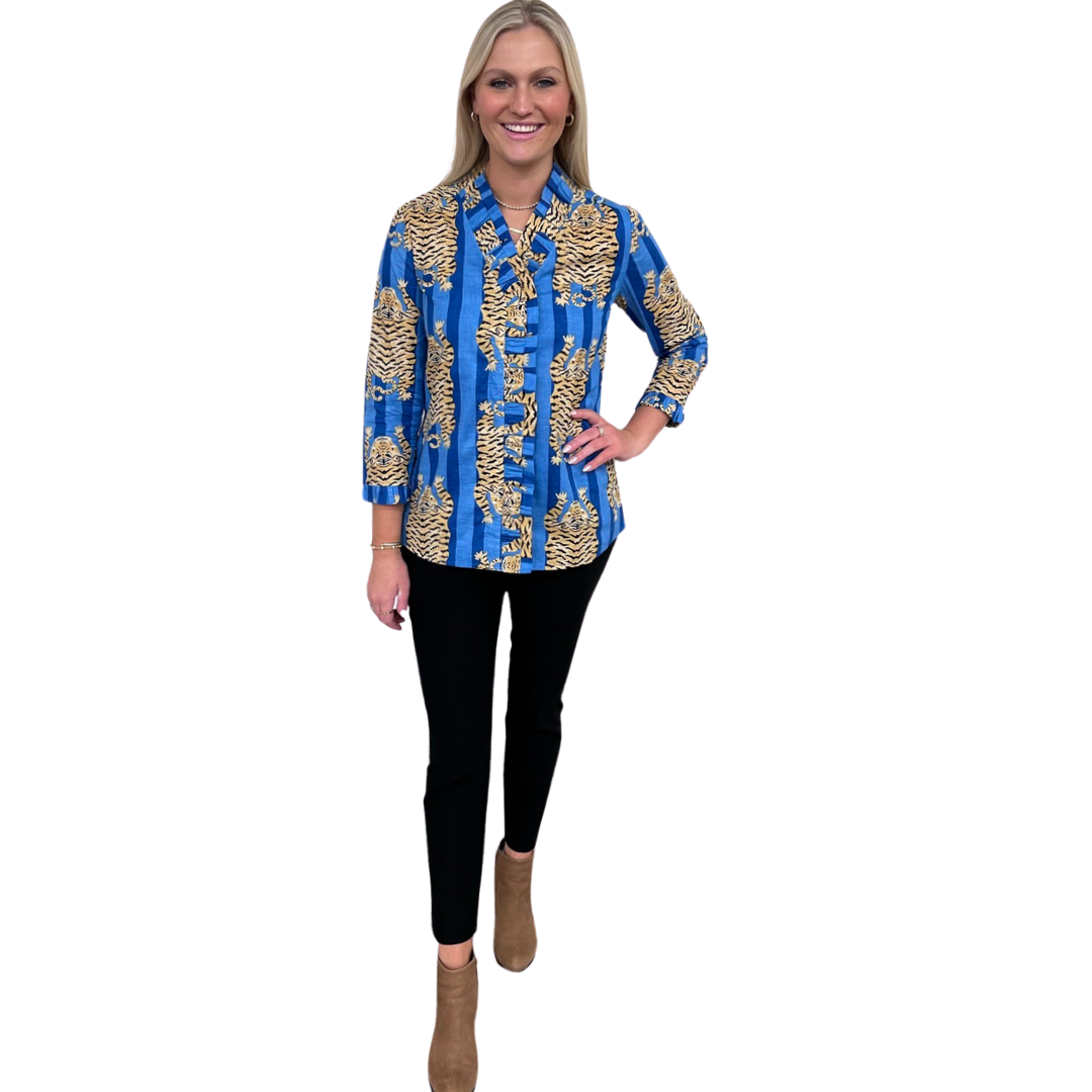 The Bessie Ruffle Front Top in Blue Tiger Stripe — view 3