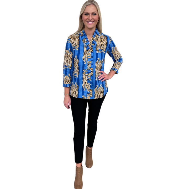 The Bessie Ruffle Front Top in Blue Tiger Stripe — view 3