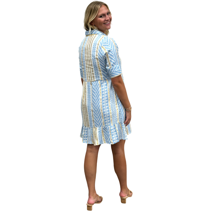 The Reagan Collared Button Front Short Sleeve Dress in Blue Gold Jacquard — view 5