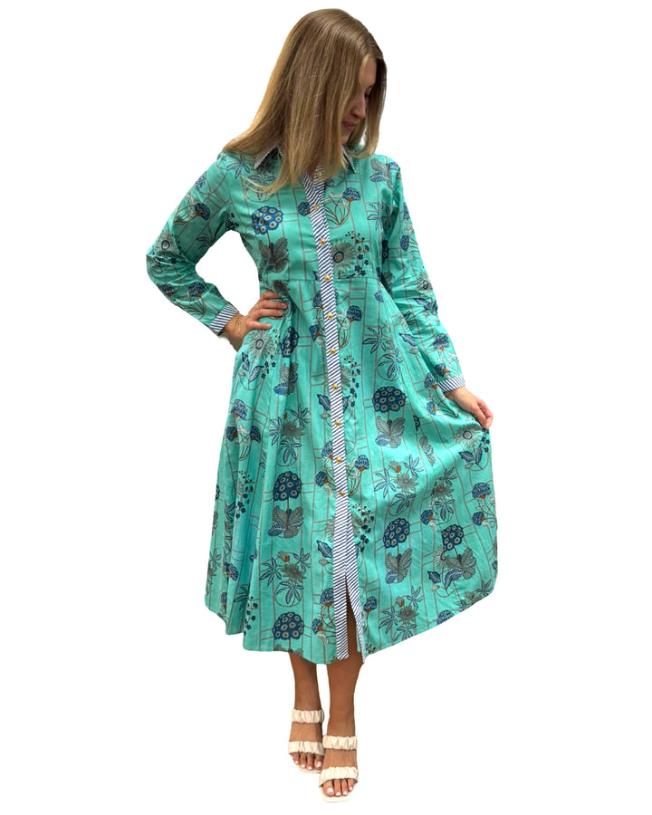 The Marion Button Front Dress in Teal Green Botanical Floral — view 3