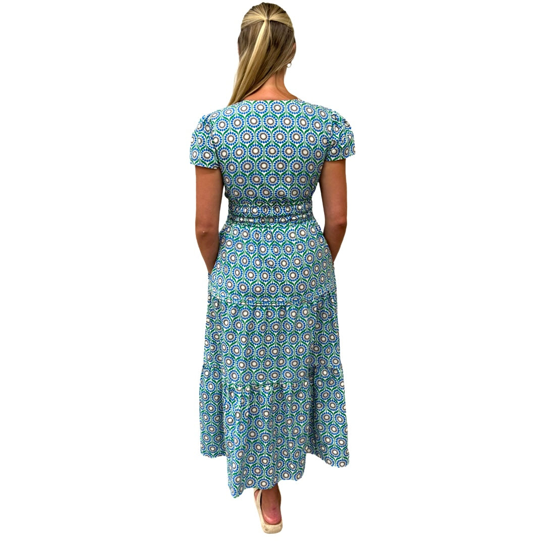 The Sydney Cinch Waist Dress in Green Blue Geometric Floral — view 5