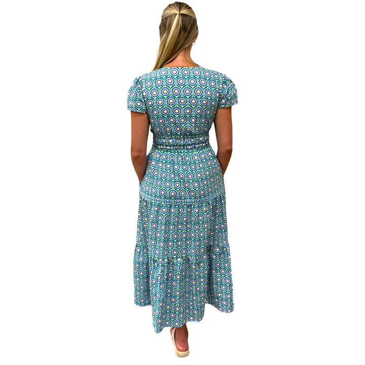The Sydney Cinch Waist Dress in Green Blue Geometric Floral — view 5