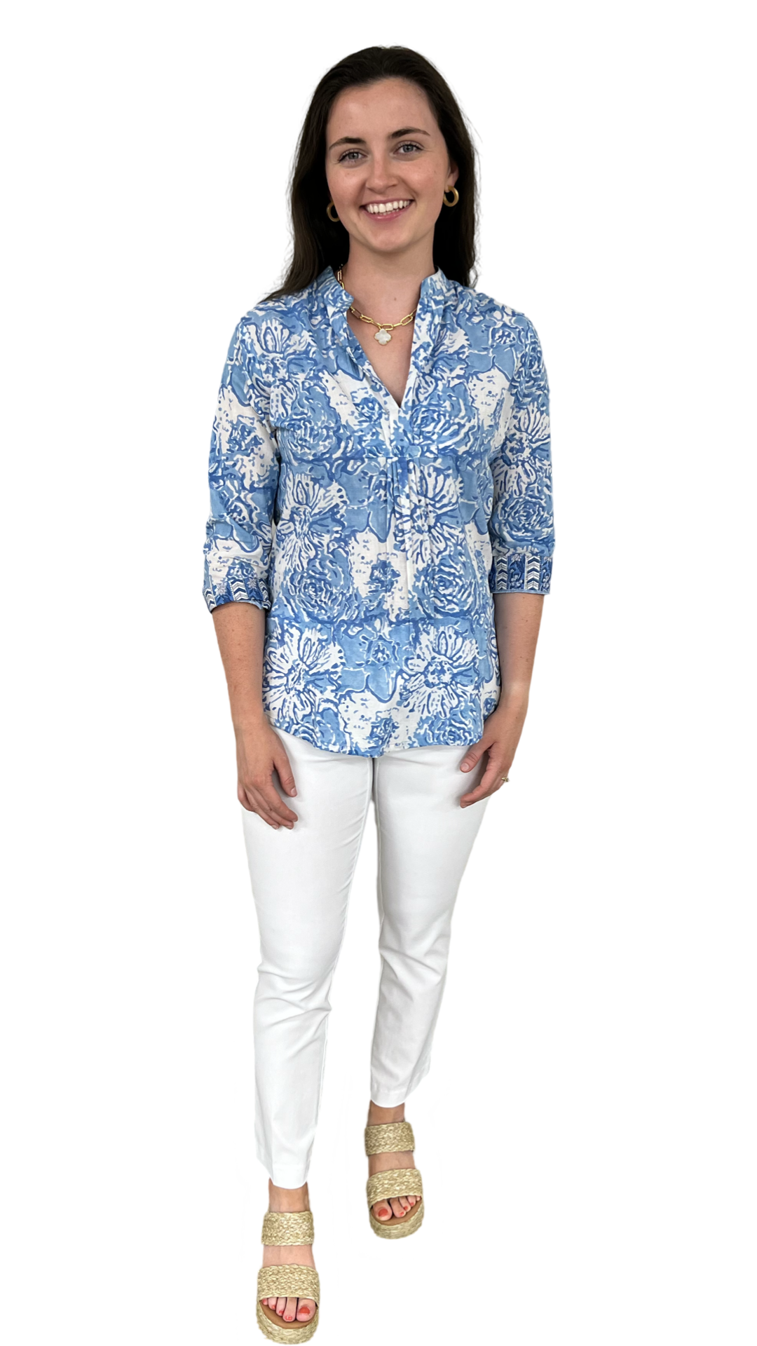 The Eloise Cotton Block Print Top in Soft Blue Petunia Floral