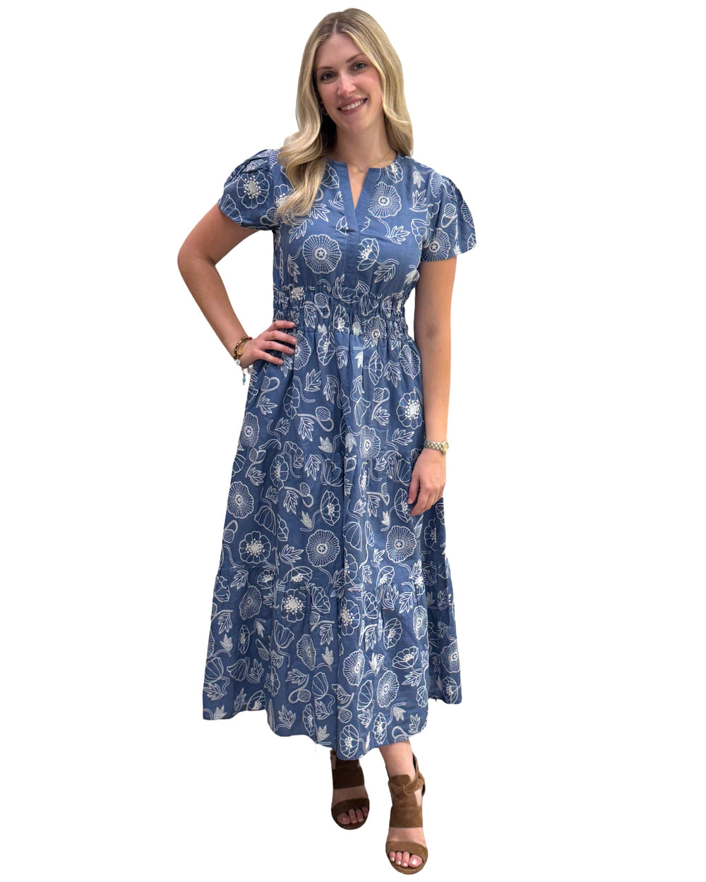 The Sydney Embroidered Cinch Waist Dress in Blue White — view 2