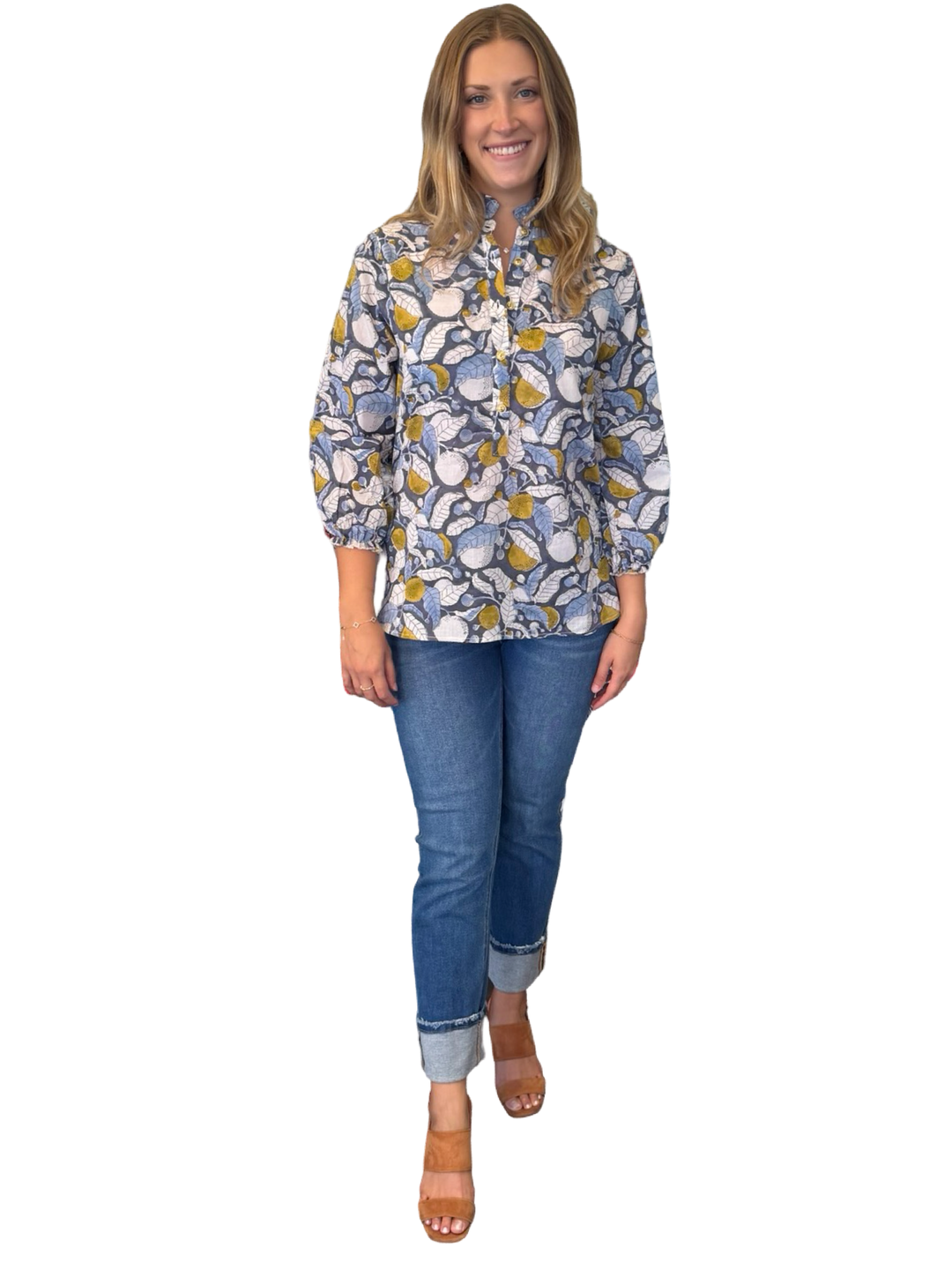 The Tricia Ruffle Trim Top in Grey Blue Leaf Print