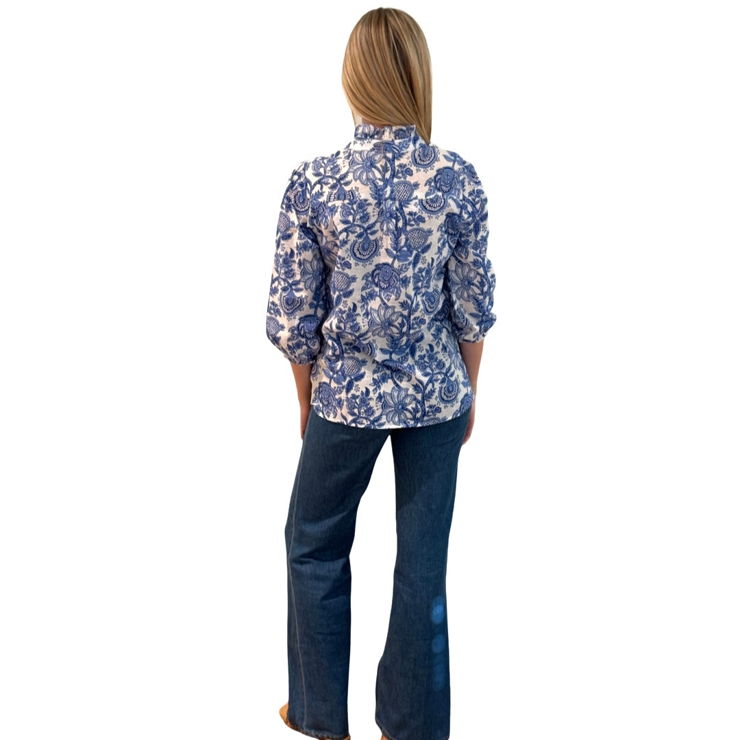 The Tricia Hand Blocked Floral Top in White and Blue Floral — view 5