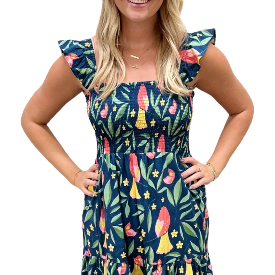 The Cloey Navy Smocked Bird Print Dress — view 3