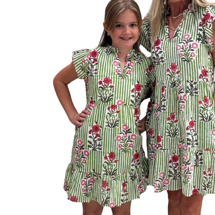 The Tinley Green Striped Floral Hand Block Dress for Girls — view 2