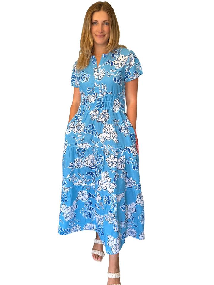 The Sydney Cinch Waist Dress in Blue Turquoise Floral — view 3