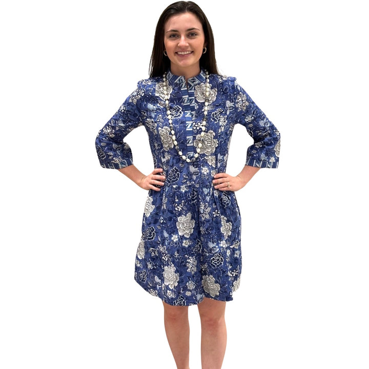 The Makayla Block Print Dress in Blue Floral — view 5