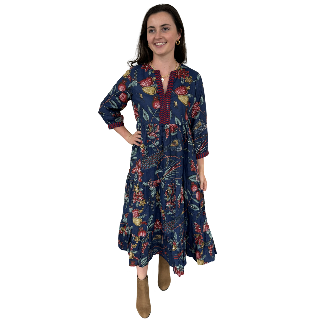 The Daniella Embroidered Trim Dress in Deep Navy Hand Blocked Floral — view 3
