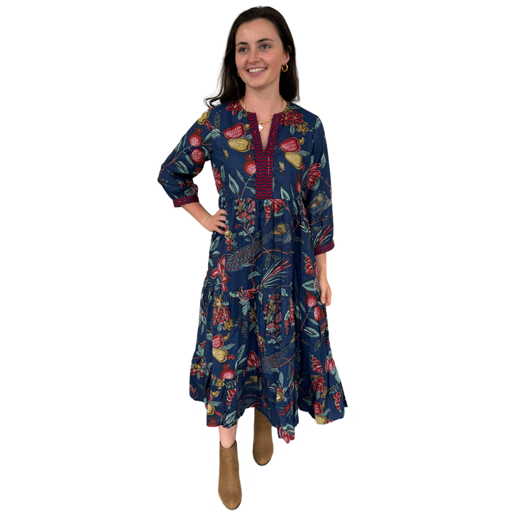 The Daniella Embroidered Trim Dress in Deep Navy Hand Blocked Floral — view 3