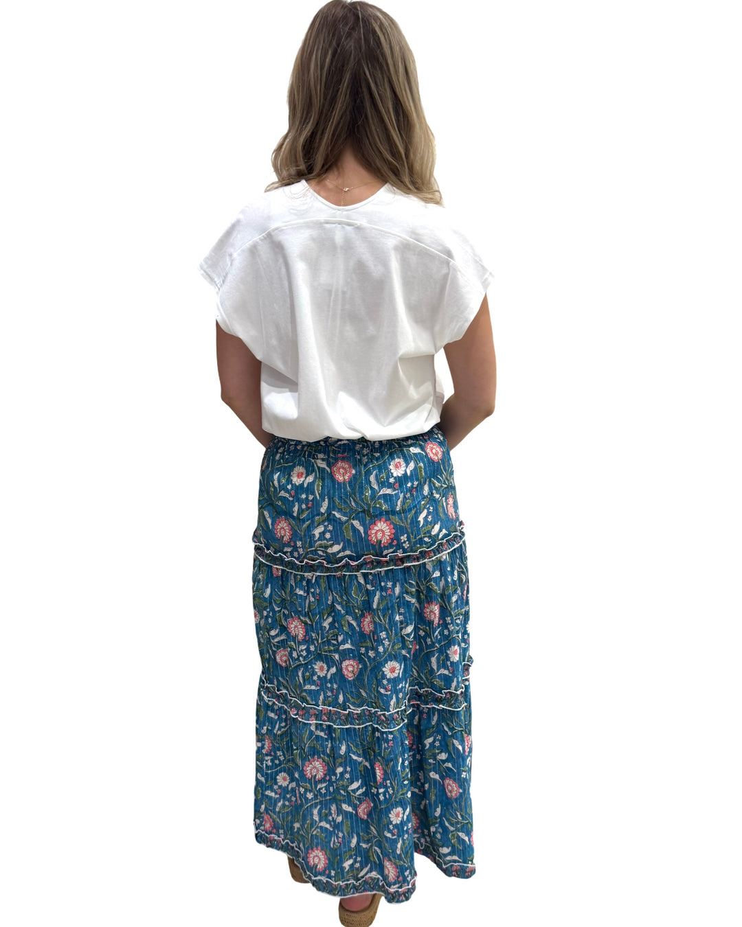 The Kara Long Length Skirt in Blue Pink Metallic Hand- Blocked Floral — view 4