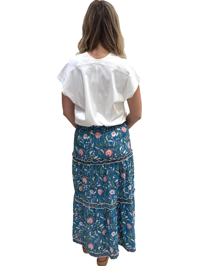 The Kara Long Length Skirt in Blue Pink Metallic Hand- Blocked Floral — view 4