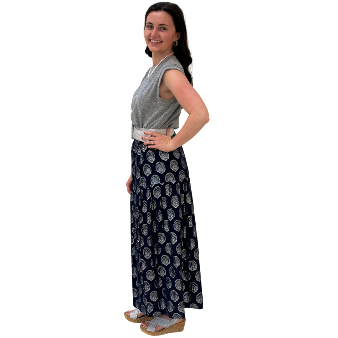 The Lila Elastic Waist Skirt in Navy and Silver — view 3
