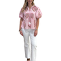 The Poppy Puff Sleeve Top in Pink and Mocha Hand Block