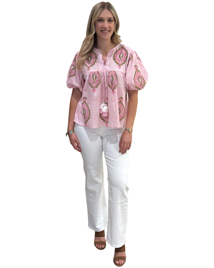 The Poppy Puff Sleeve Top in Pink and Mocha Hand Block