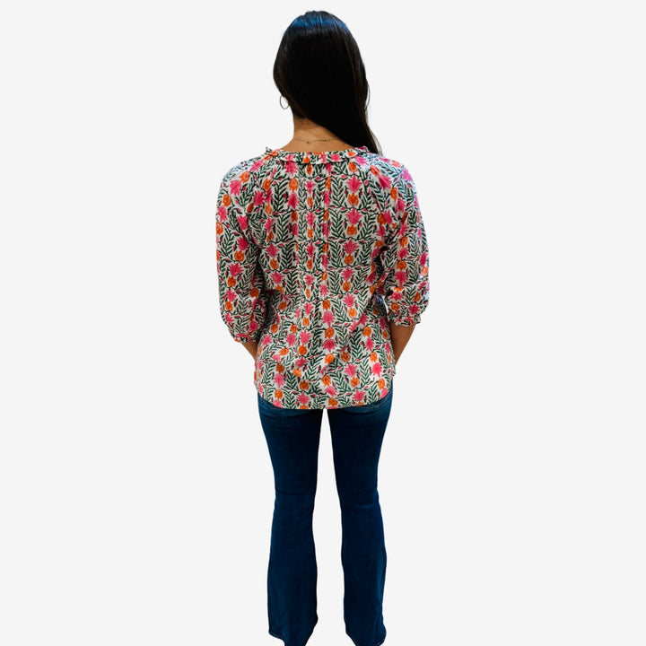The Izzy Button Front Top in Coral Green Hand-Blocked Cotton — view 6