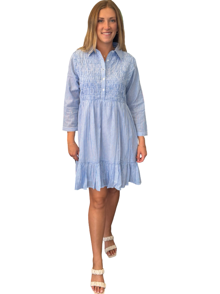 The Tasha Smocked Front Dress in Blue White Stripe