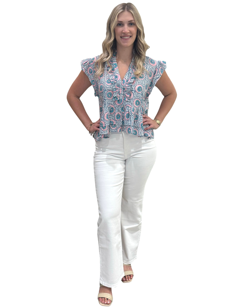 The Bella Ruffle Trim Top in Aqua Pink Hand Block — view 2