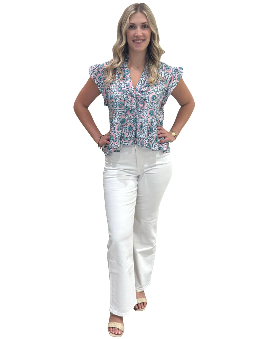 The Bella Ruffle Trim Top in Aqua Pink Hand Block — view 2