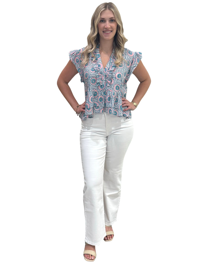 The Bella Ruffle Trim Top in Aqua Pink Hand Block — view 2