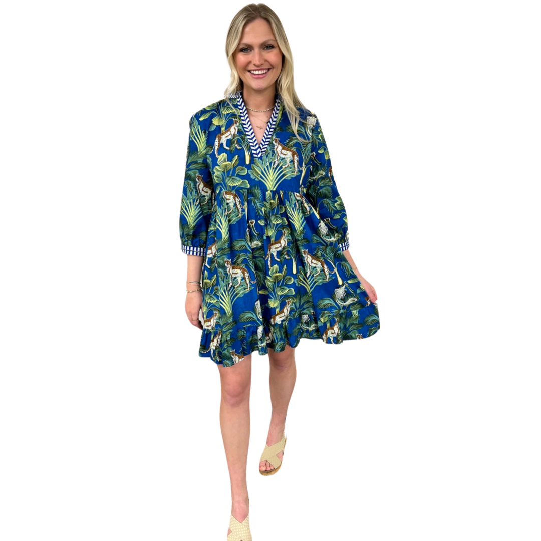 The Morley Jungle Print Cotton Embroidered Trim Dress in Blue — view 5
