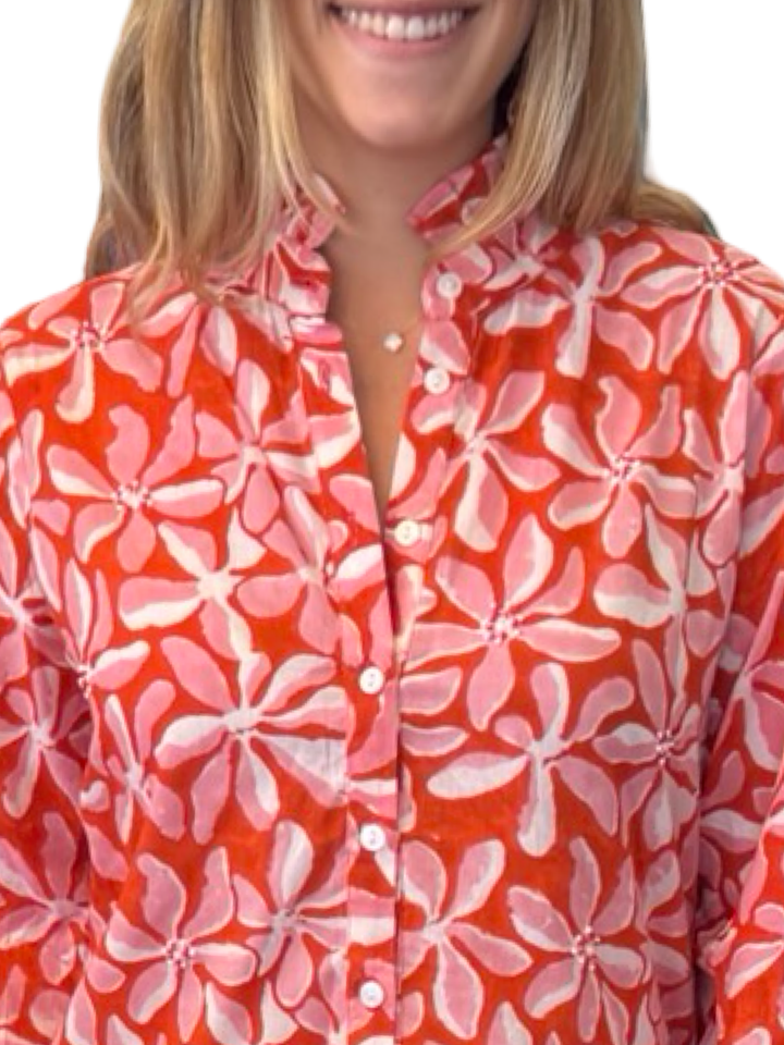 The Tricia Shirt in Red Pink Floral with Bead Detailing