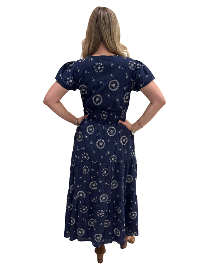 The Sydney Long Cinch Waist Dress in Blue White Embroidered Floral — view 6