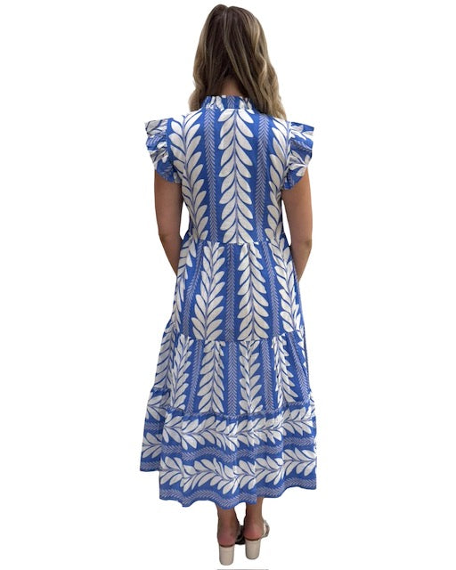 The Campbell Flutter Sleeve Dress in Blue Fern Stripe — view 5